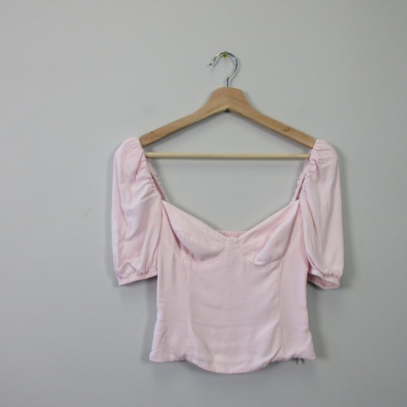 Aritzia Wilfred Sweetheart Blouse XS Pink Crop Smocked Going Out Top Preppy 162 - Picture 1 of 12